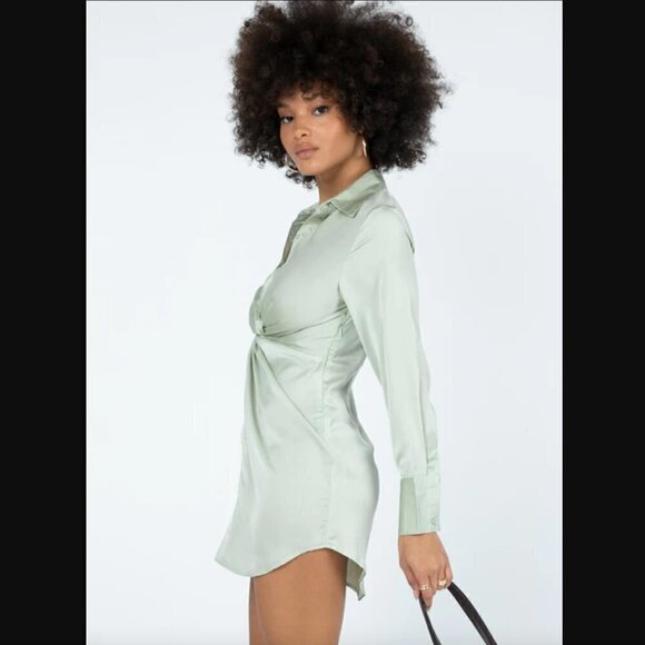 Princess Polly Sari Green Satin Long Sleeve Collared Mini Dress 8 - Picture 3 of 8